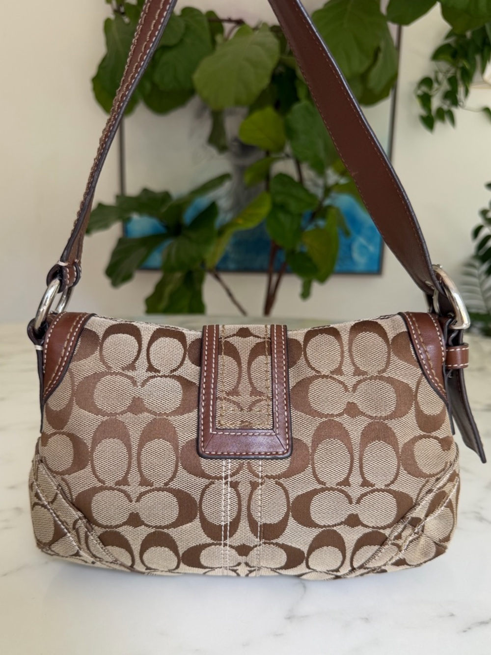 COACH Vintage Y2K Soho Signature Small Flap Buckle Shoulder Bag 10296 Brown Tan - Picture 3 of 16